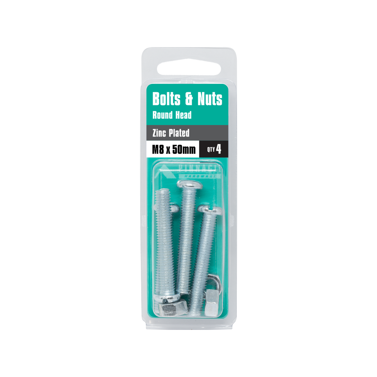 Pinnacle M8 x 50mm Zinc Plated Round Head Bolts And Nuts - 4 Pack