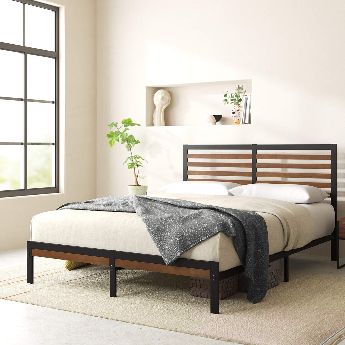 Zinus Kai King Metal and Bamboo Bed Frame - Black Steel, Bamboo Headboard, 250kg Capacity - AU-FBOBH2ZC-35K