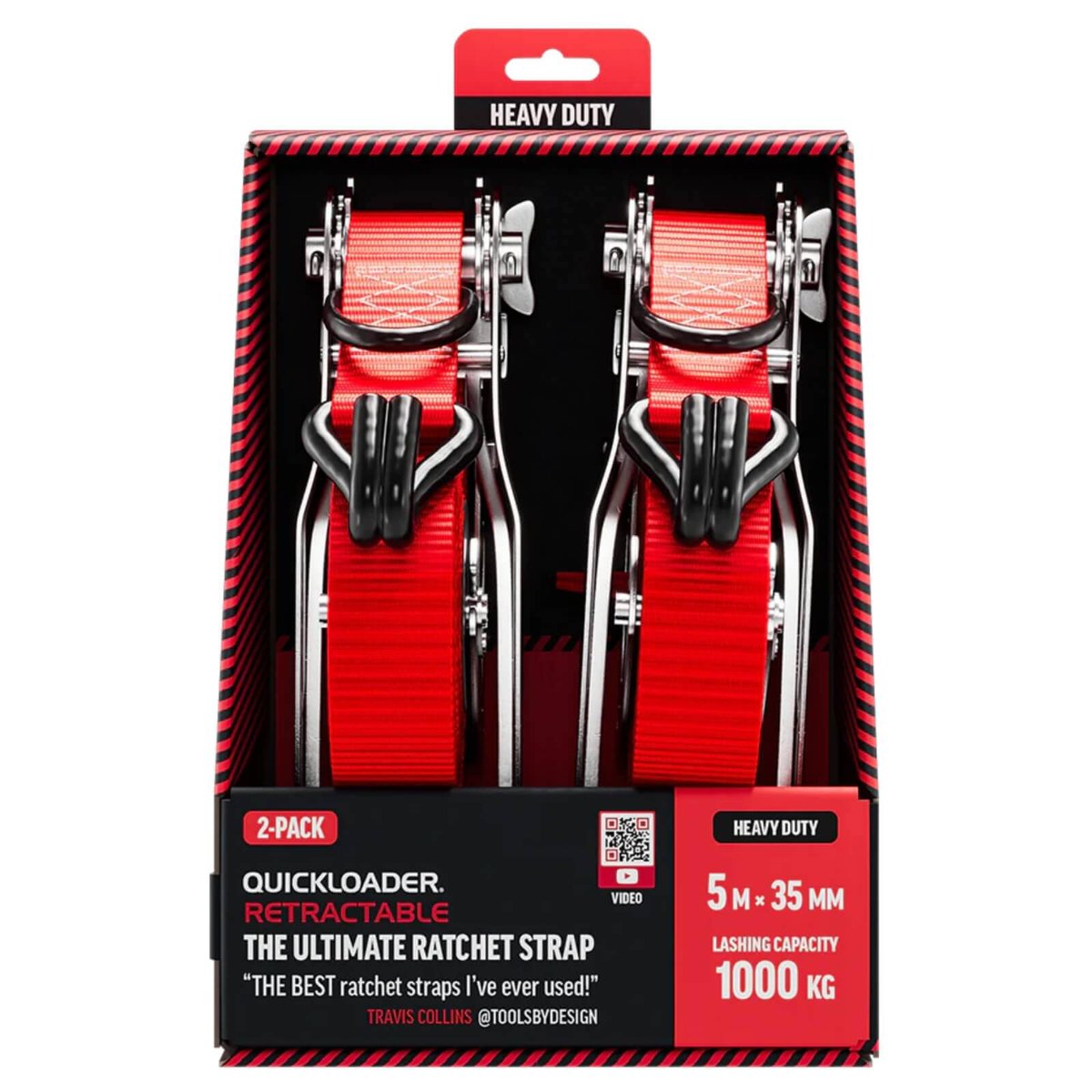 Quickloader Retractable Ratchet Strap Tie Down 5m x 35mm 1000kg - 2 Pack - Red - Heavy-Duty Cargo Securement - SuperSaverAU - view 1
