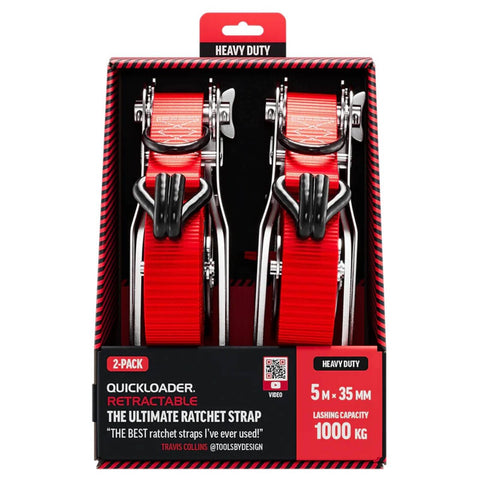 Quickloader 5m x 35mm 1000kg Retractable Ratchet Strap Tie Down - Red 2 Pack