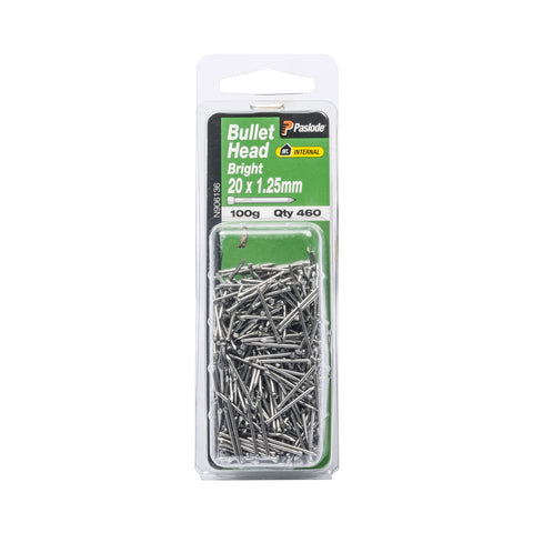 Paslode 20 x 1.25mm Bright Steel Bullet Head Nails - 460 Pack, 100g, Timber