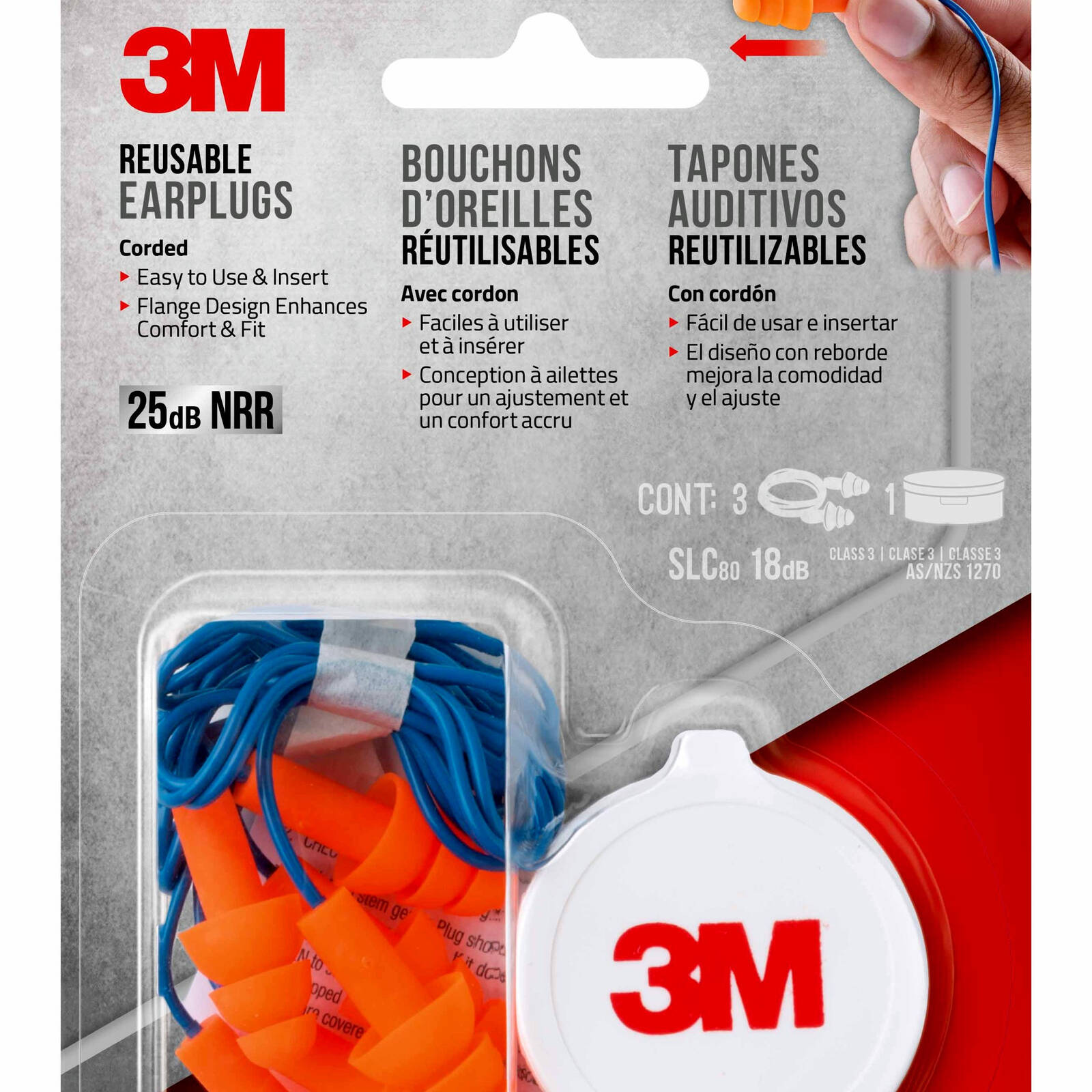 3M Corded Reusable Earplugs With Case - 3 Pairs