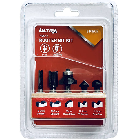 Ultra 6.4mm 5 Piece Router Bit Set - Tungsten Carbide Tipped, 1/4" Shaft