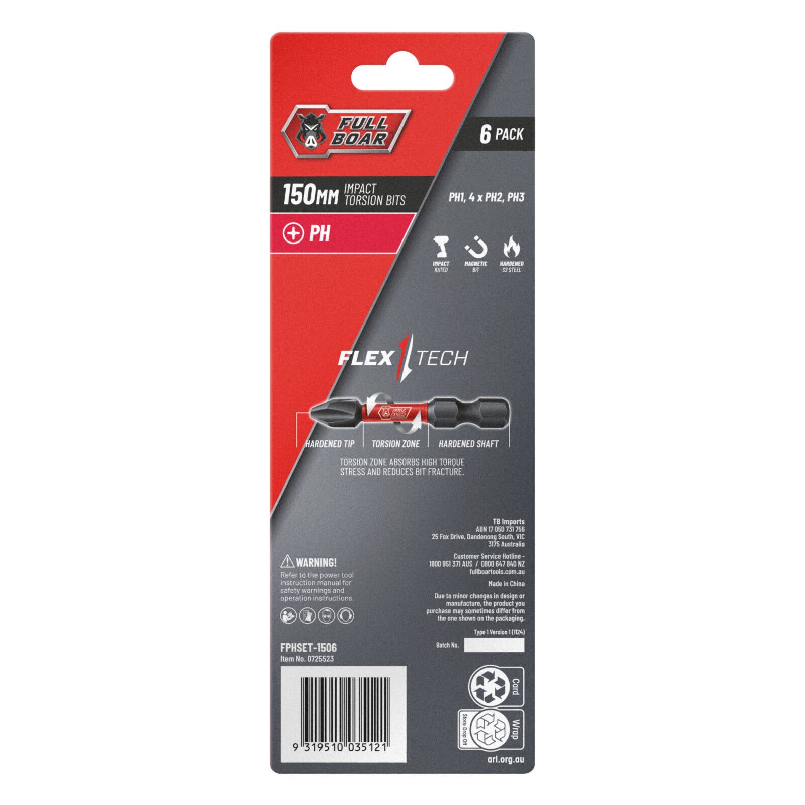 Full Boar PH x 150mm S2 Steel Magnetic Impact Torsion Bits Set 6 Pack