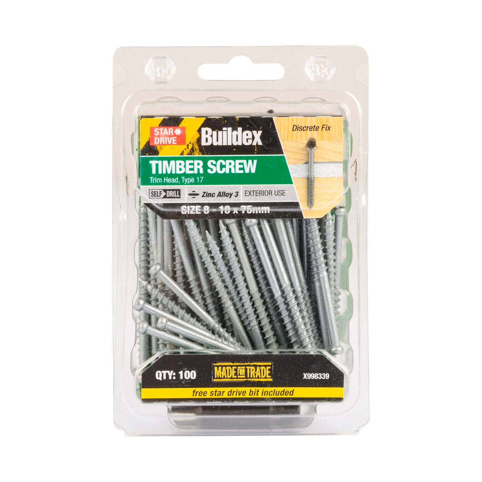 Buildex 8-10 x 75mm Zinc Alloy 3 Trim Head Timber Screw - 100 Pack