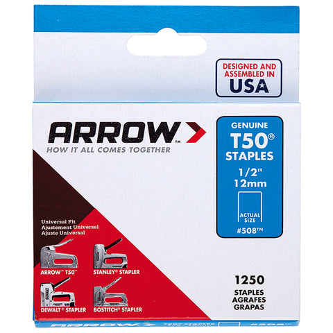 Arrow 12mm T50 Staples 1250 Pack Steel Flat Crown (#508)