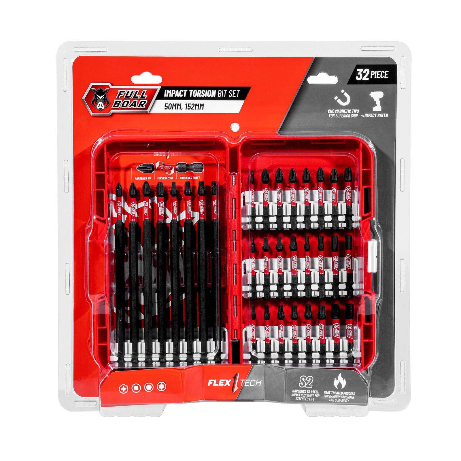 Full Boar 32 Piece Impact Magnetic Torsion Bit Set - 50mm & 152mm, PH/SQ/HEX/Torx, with Case