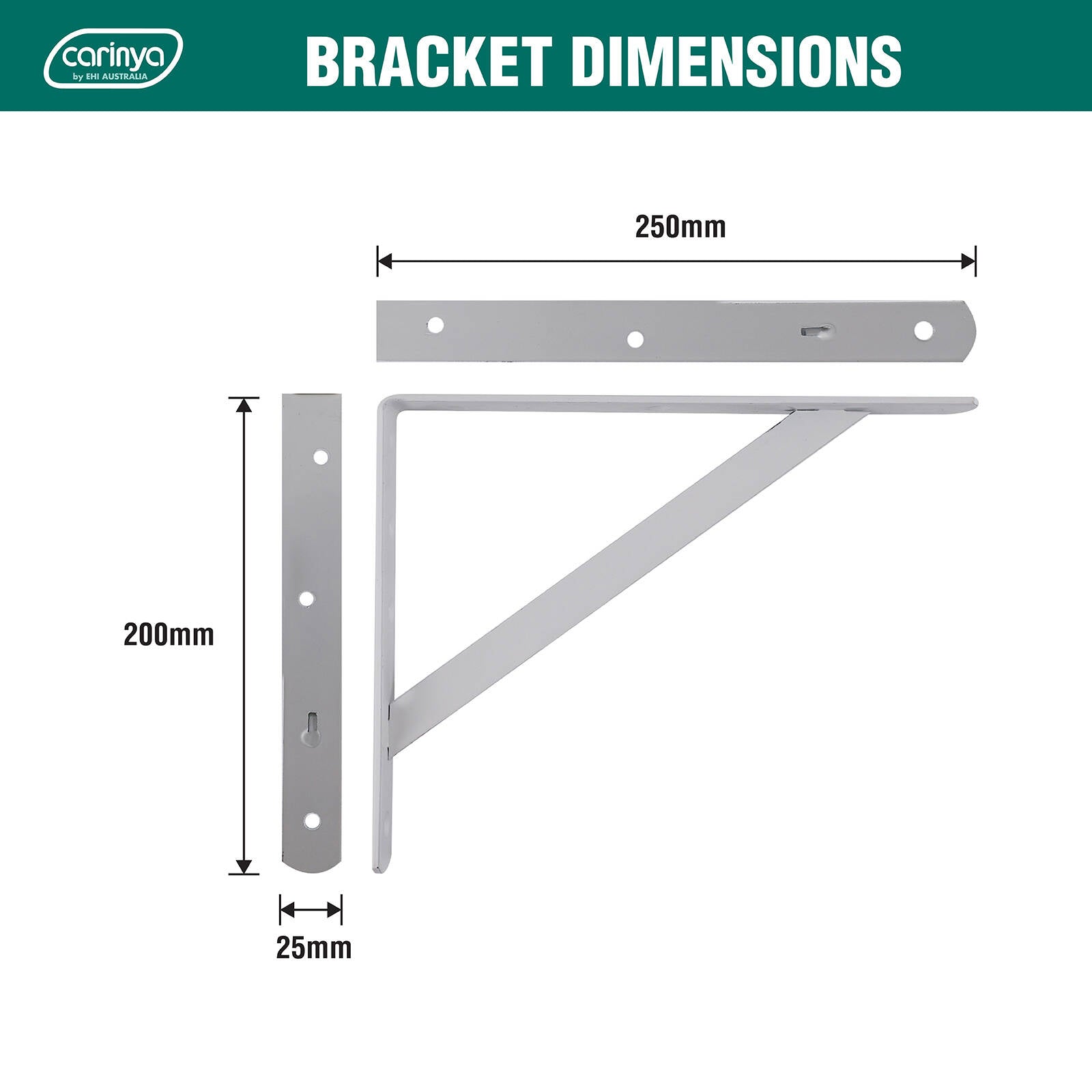 Carinya 250 x 200mm White Heavy Duty Straight Stayed Bracket 175kg