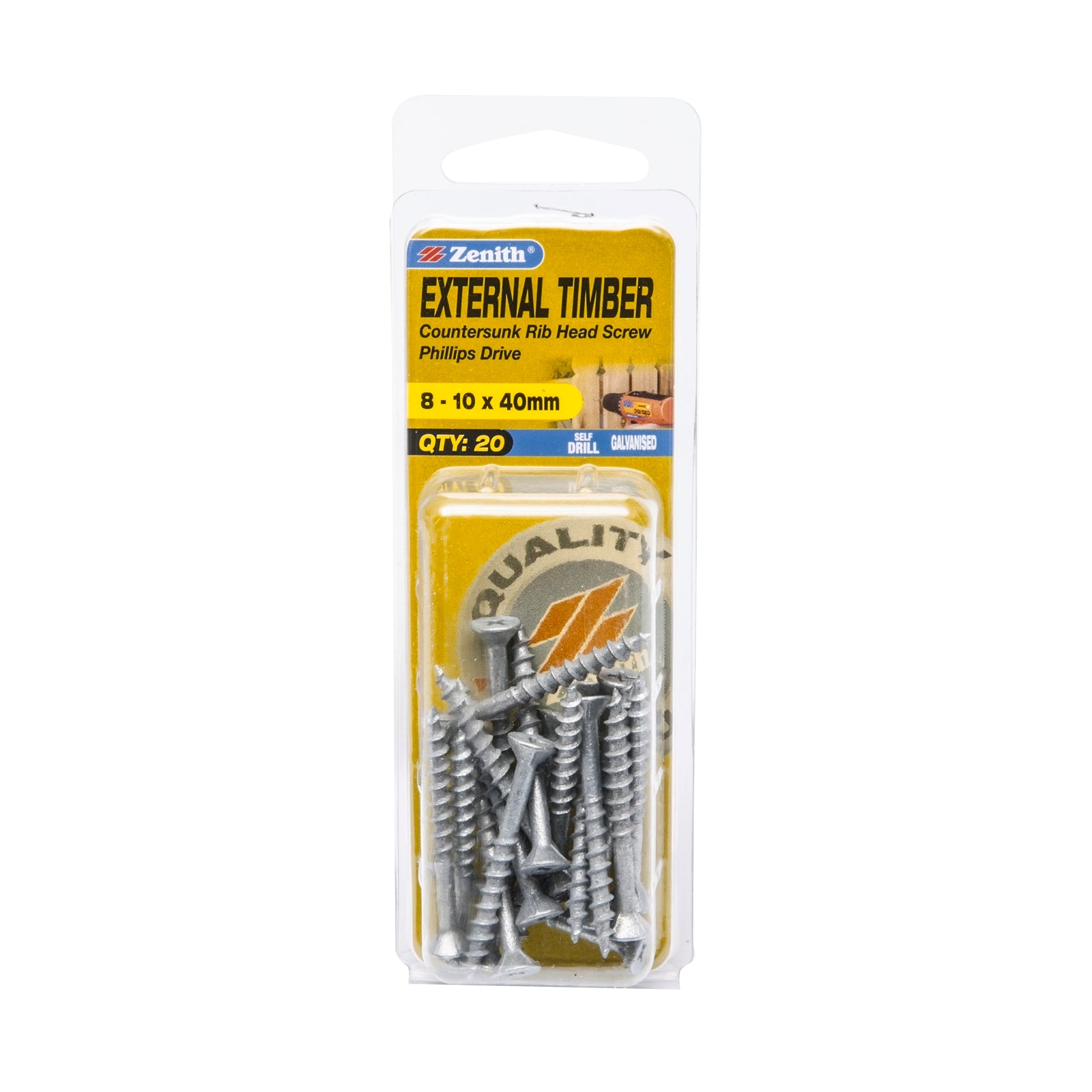 Zenith 8-10 x 40mm Galvanised Countersunk Rib Head External Timber Screws - 20 Pack