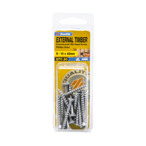 Zenith 8-10 x 40mm Galvanised Countersunk Rib Head External Timber Screws - 20 Pack