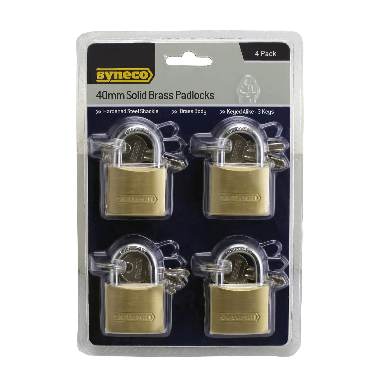 Syneco 40mm Brass Padlocks - 4 Pack, Shrouded Shackle, Keyed Alike