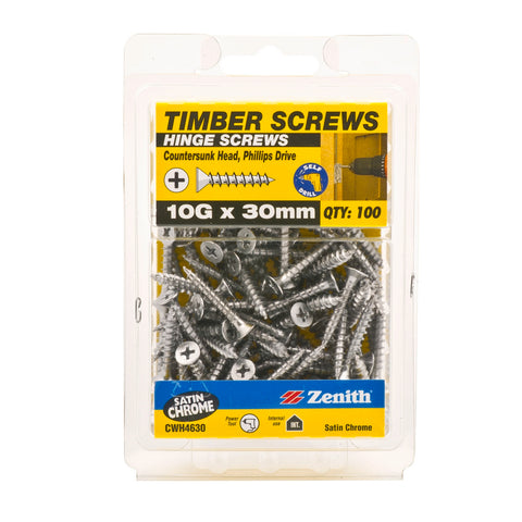 Zenith 10G x 30mm Satin Chrome Countersunk Hinge Timber Screw - 100 Pack