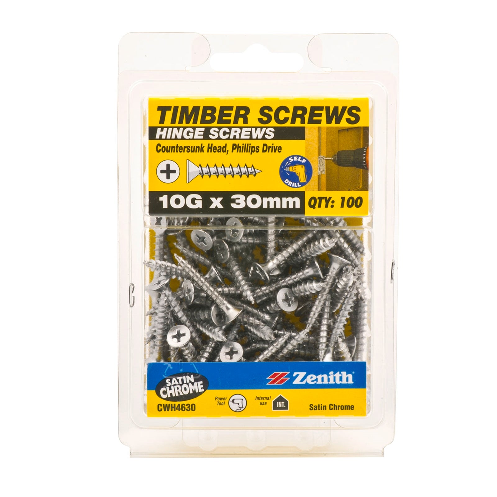 Zenith 10G x 30mm Satin Chrome Countersunk Hinge Timber Screw - 100 Pack
