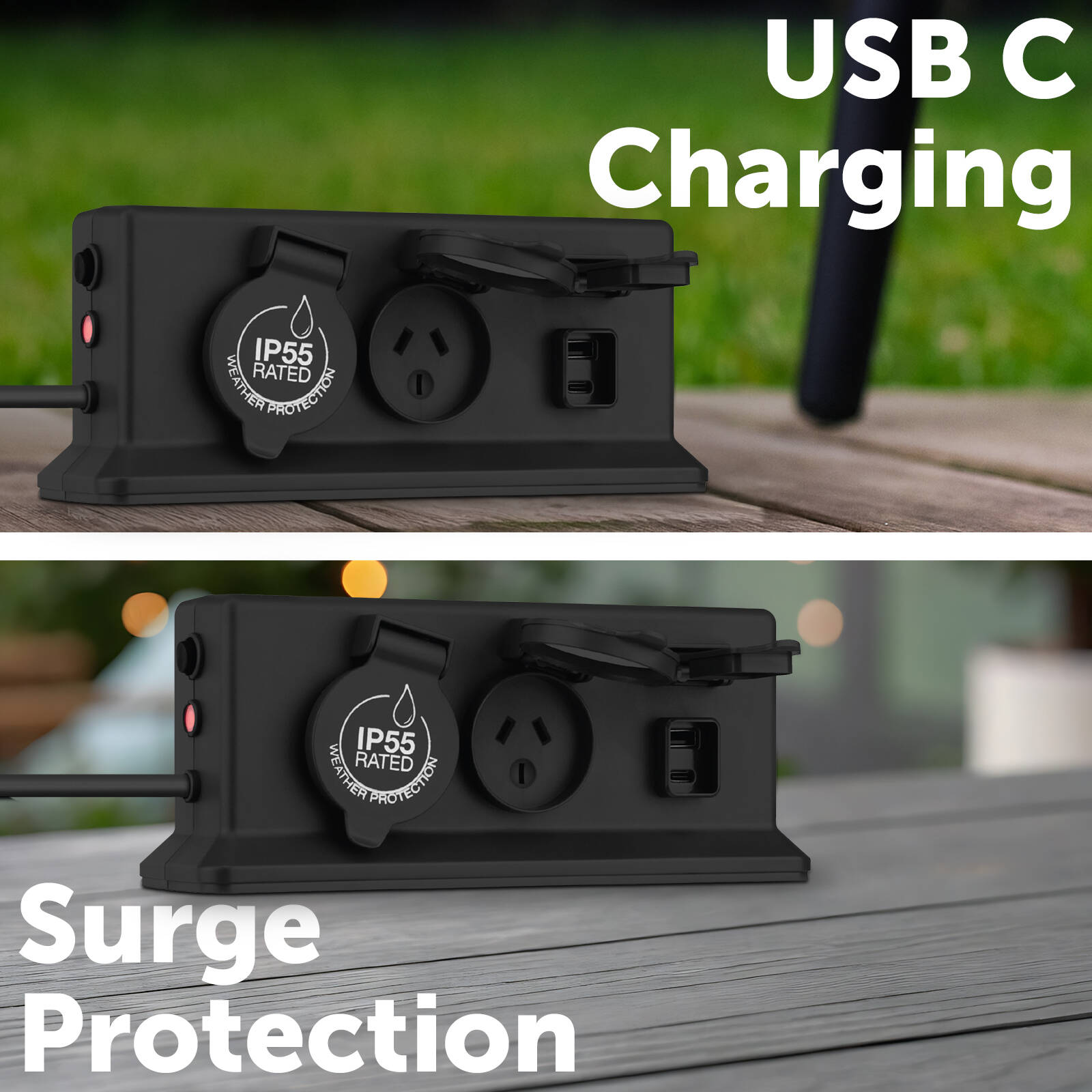 Arlec IP55 4 Outlet Weatherproof Powerboard with PD20W USB-A & USB-C, Dark Grey PB34BUPD