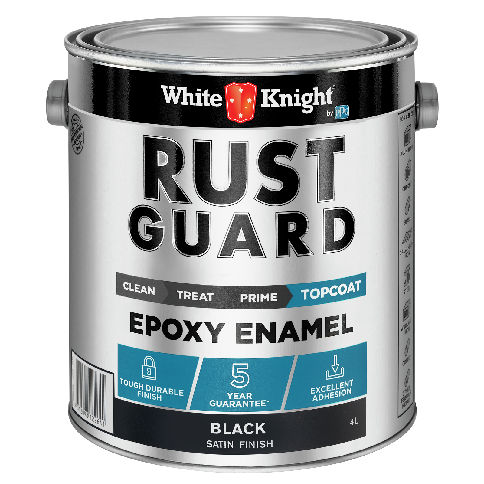 White Knight Rust Guard 4L Black Satin Epoxy Enamel Paint - Metal Coating, Indoor & Outdoor