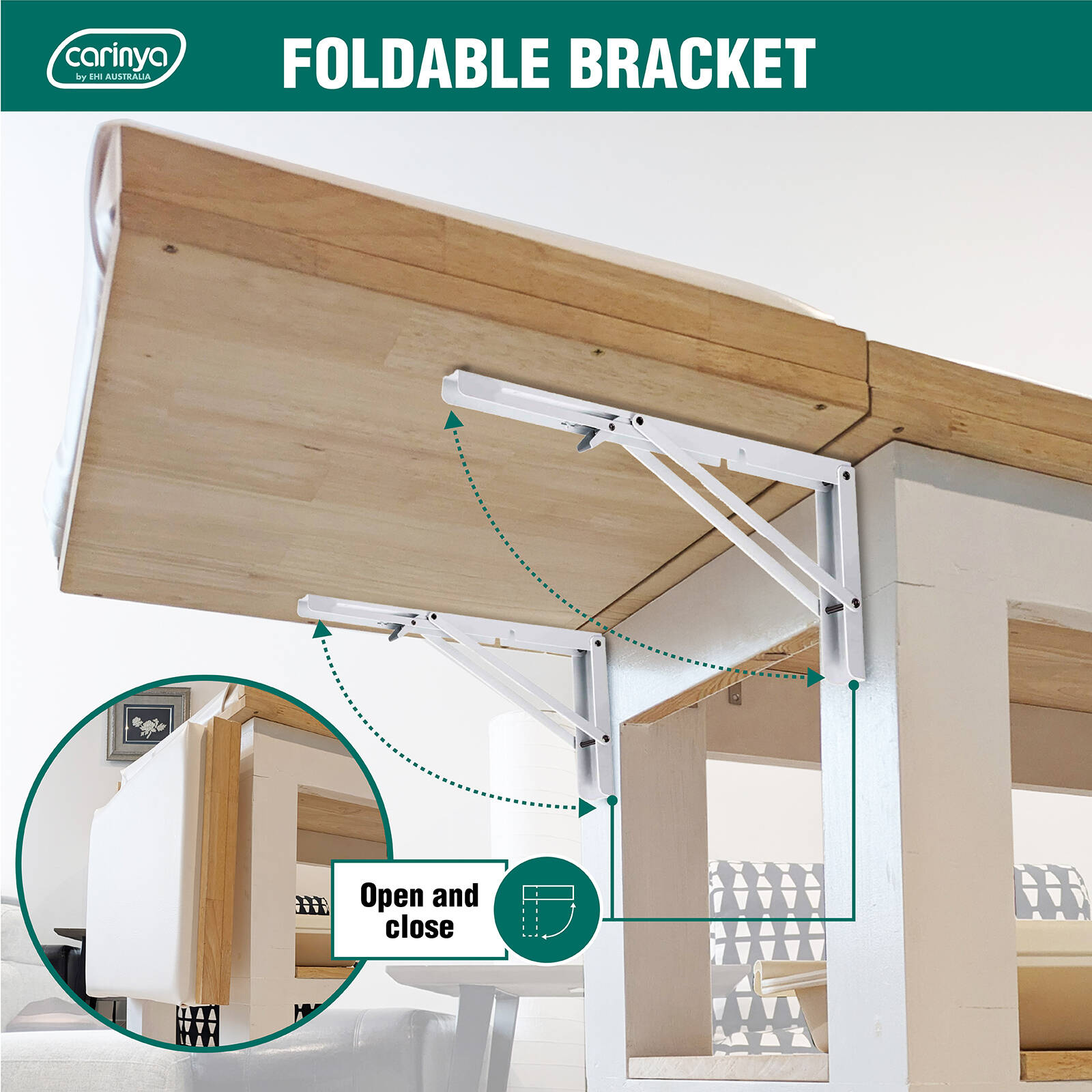 Carinya 315 x 145mm White Powder Coated Folding Spring Loaded Wall Bracket 50kg