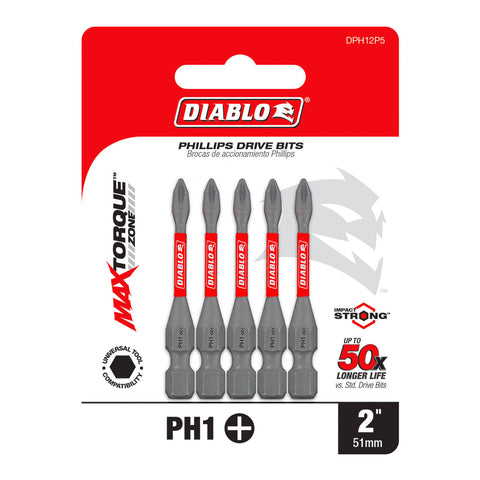 Diablo 2 inch PH1 Phillips Power Drive Bit 5 Pack