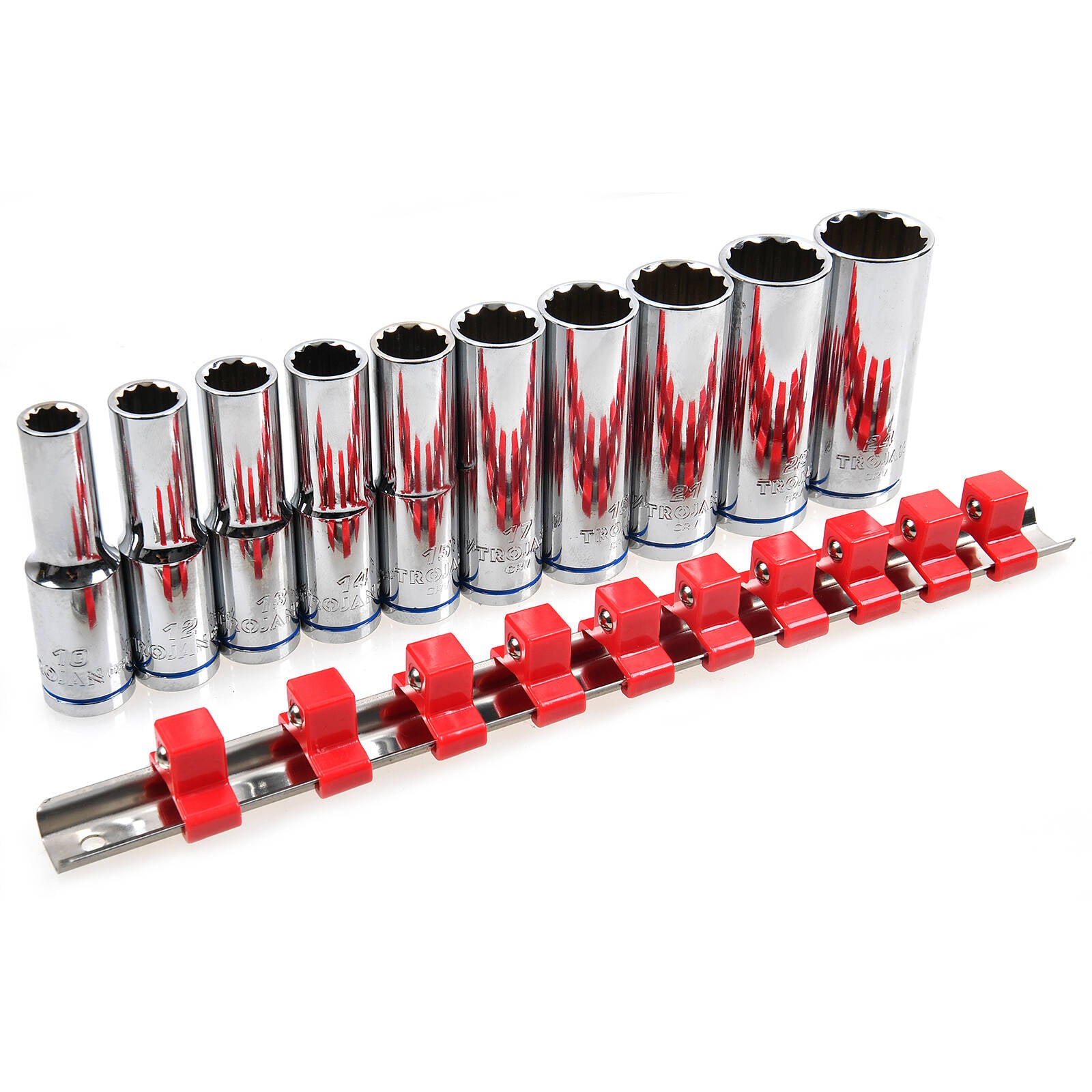 Trojan 10 Piece 1/2" Drive Deep Socket Rail Set 10mm-24mm, Chrome Vanadium