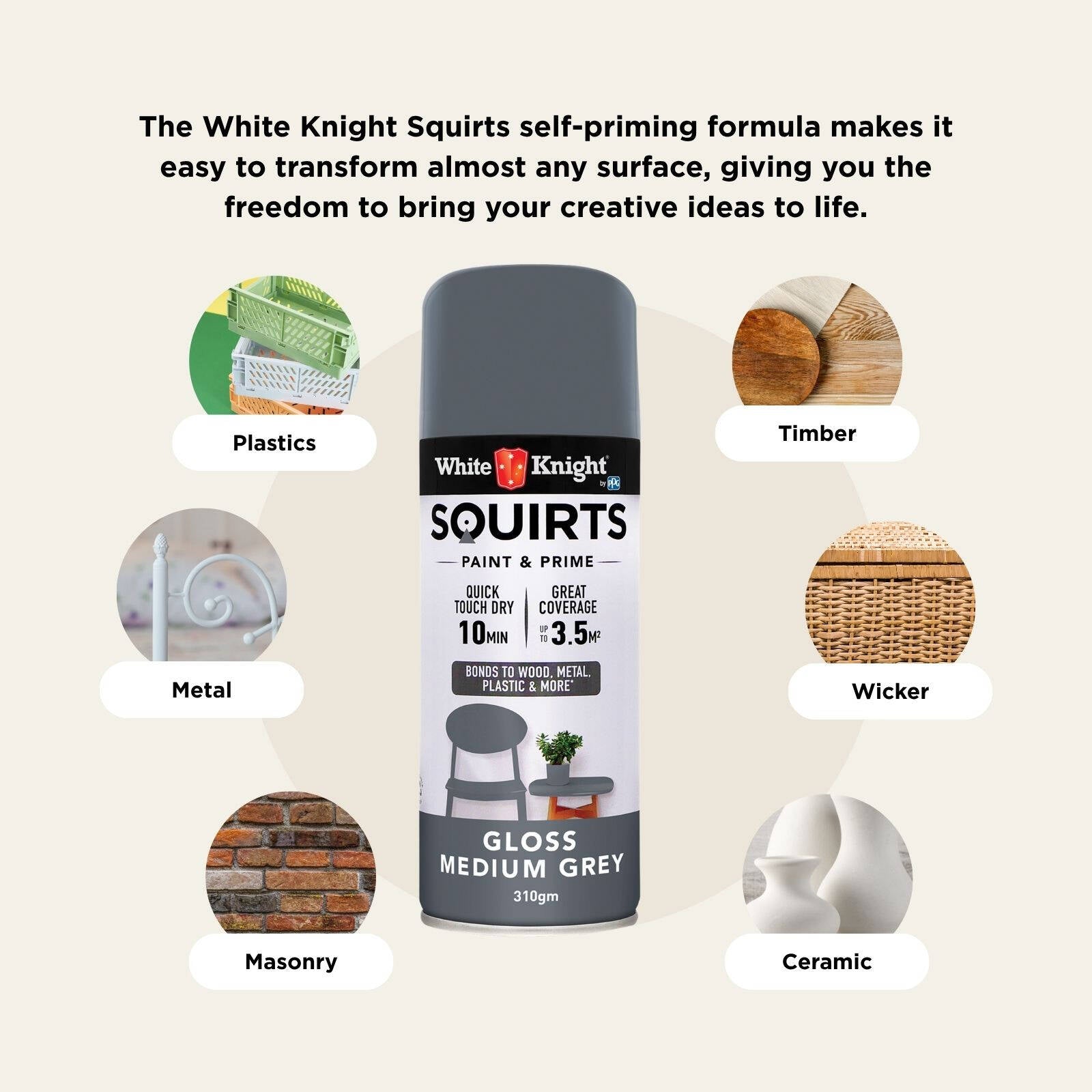 White Knight Squirts Medium Grey Gloss Spray Paint 310g - Solvent-Based, UV Resistant