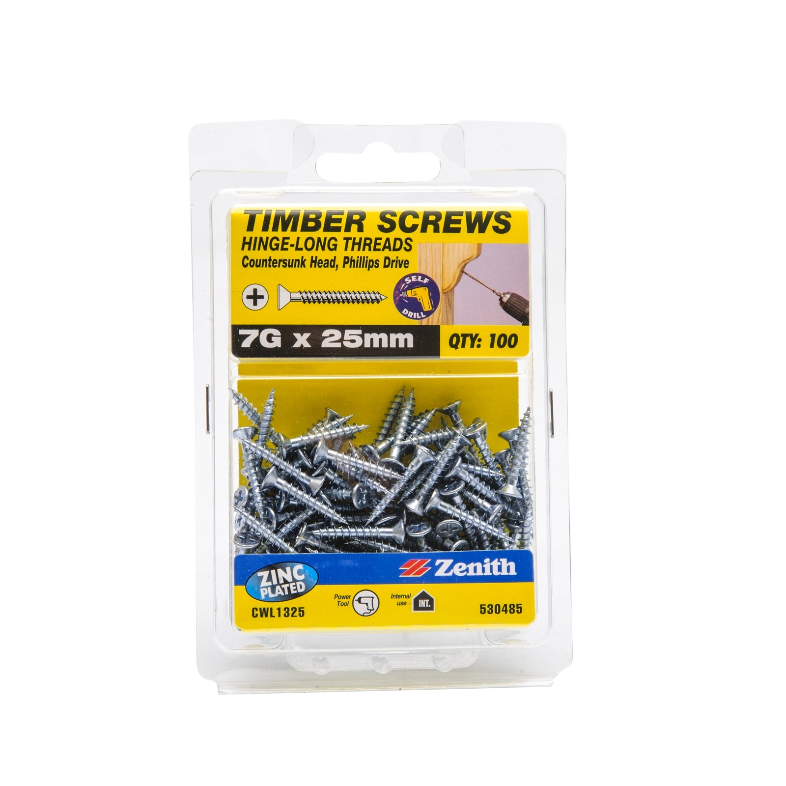 Zenith 7G x 25mm Zinc Plated Countersunk Hinge Timber Screws 100 Pack
