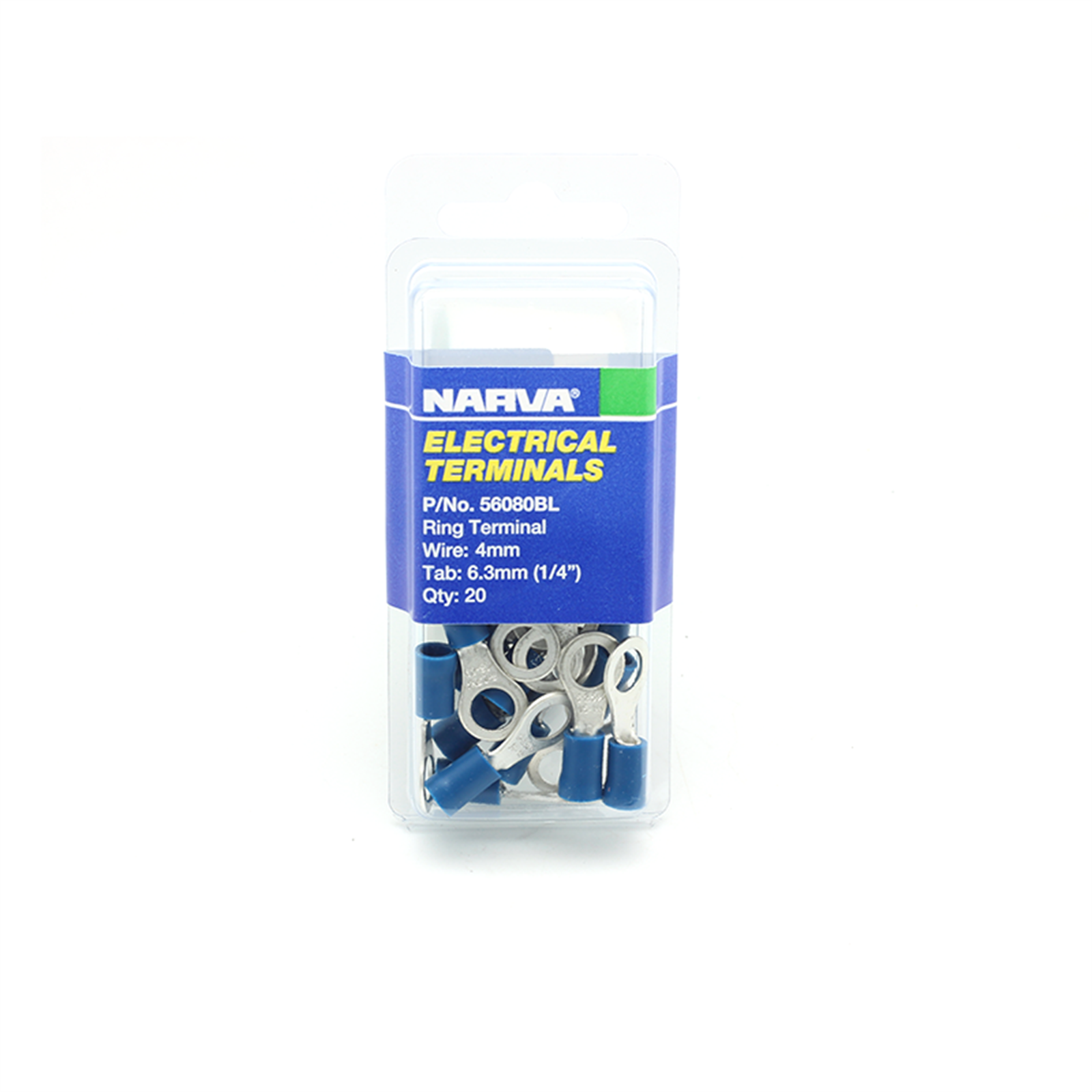 Narva 4mm Blue Flared Vinyl Insulated Ring Terminals, 6.3mm Eye, 20 Pack