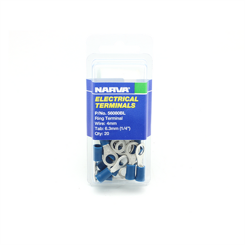 Narva 4mm Blue Flared Vinyl Insulated Ring Terminals, 6.3mm Eye, 20 Pack