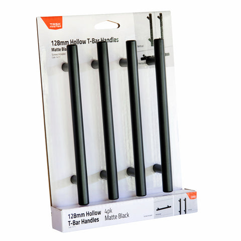 Taskmaster 128mm Matte Black Hollow T Steel Cabinet Handle 4 Pack