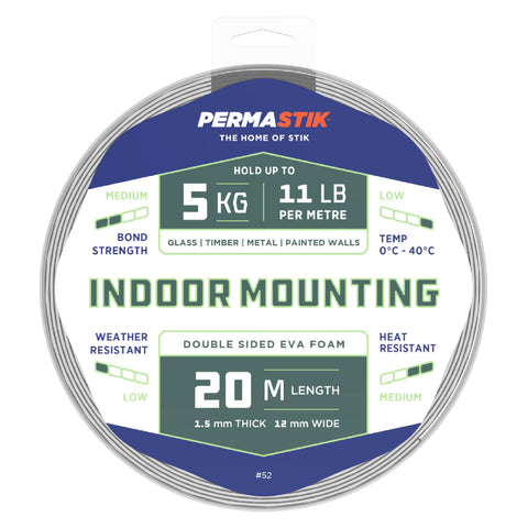 Permastik 12mm x 20m White Double-Sided Indoor Foam Mounting Tape