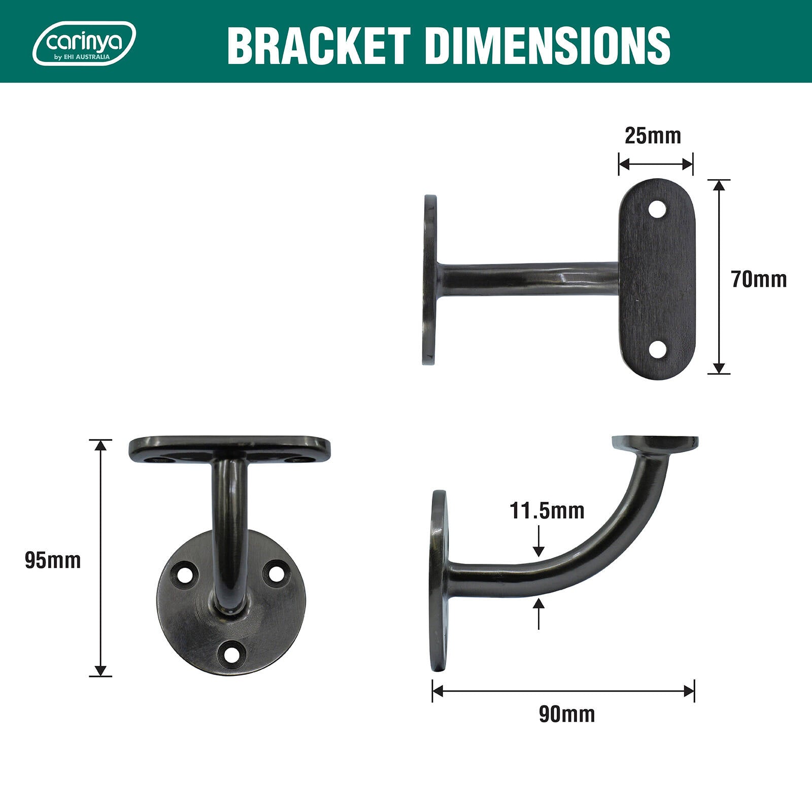 Carinya 70 x 90 x 95mm Black Nickel Steel Flat Top Curved Handrail Bracket