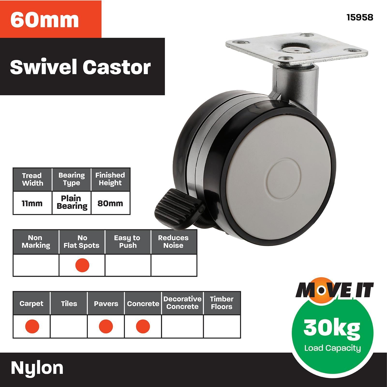 Easyroll 60mm 30kg Twin Wheel Nylon Office Swivel Brake Castor