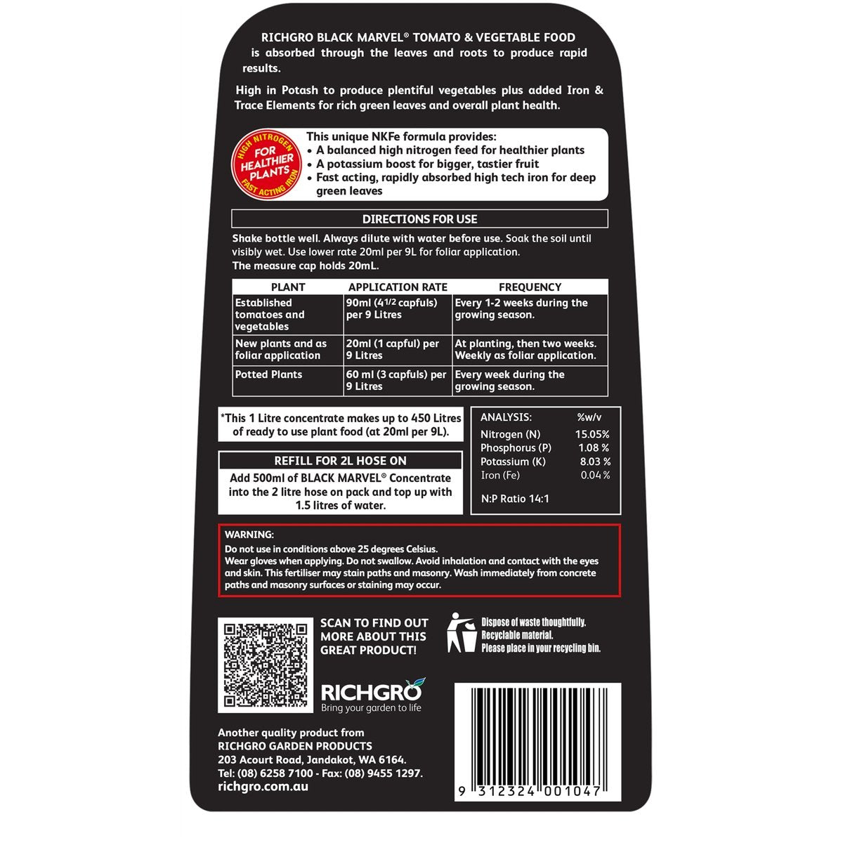 Richgro Black Marvel Tomato & Vegetable Liquid Fertiliser Concentrate 1L