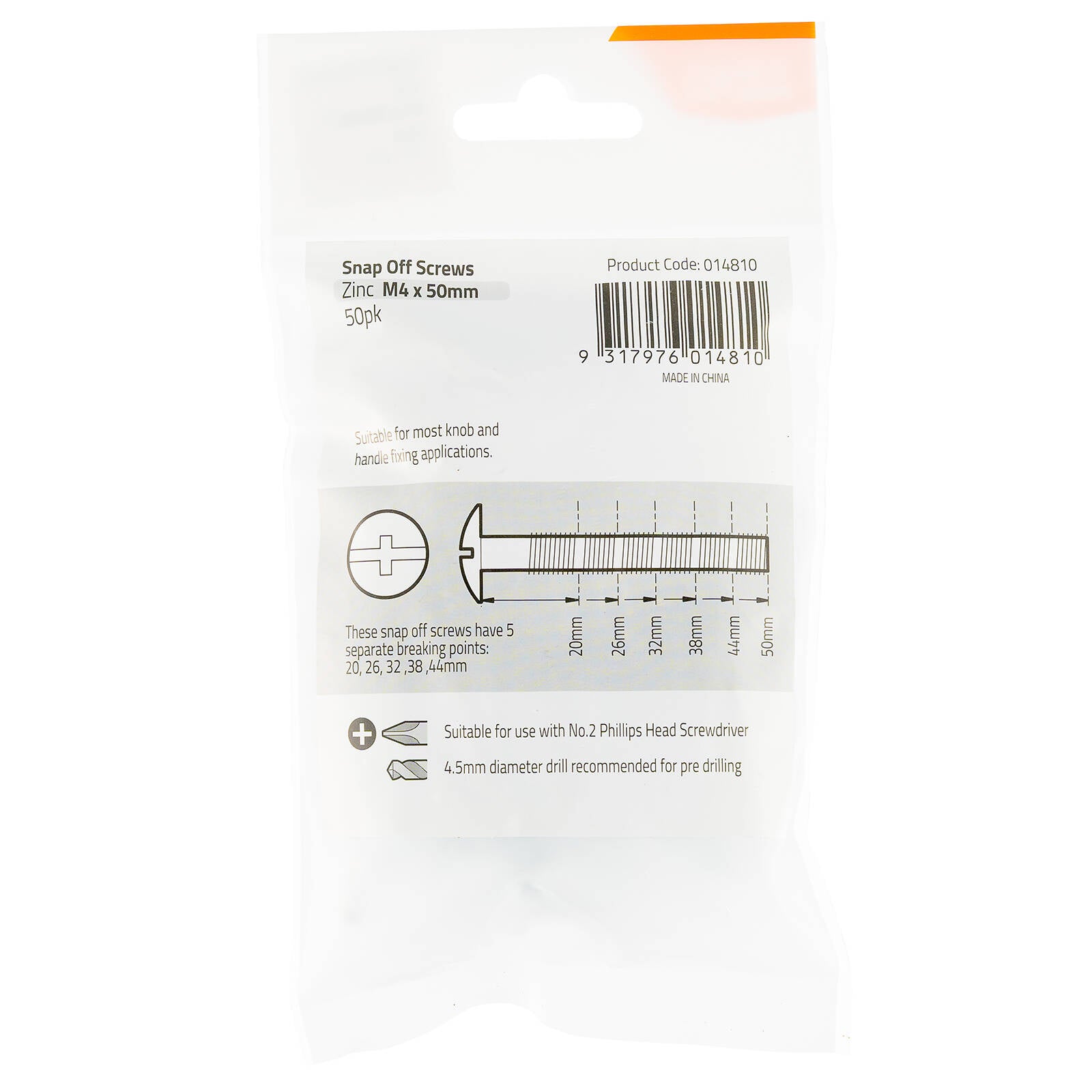 Taskmaster M4 x 50mm Zinc Snap Off Screw - 50 Pack