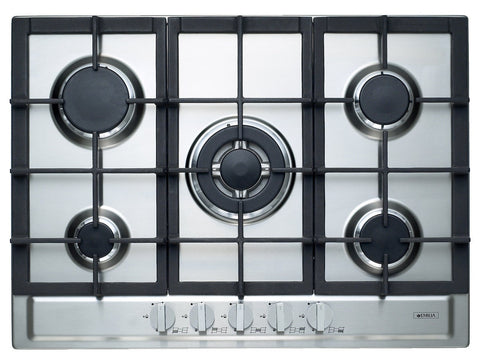 Emilia 70cm Natural Gas Cooktop - Stainless Steel, Five Burners, Wok Burner, Cast Iron Trivets - SEC75GWI