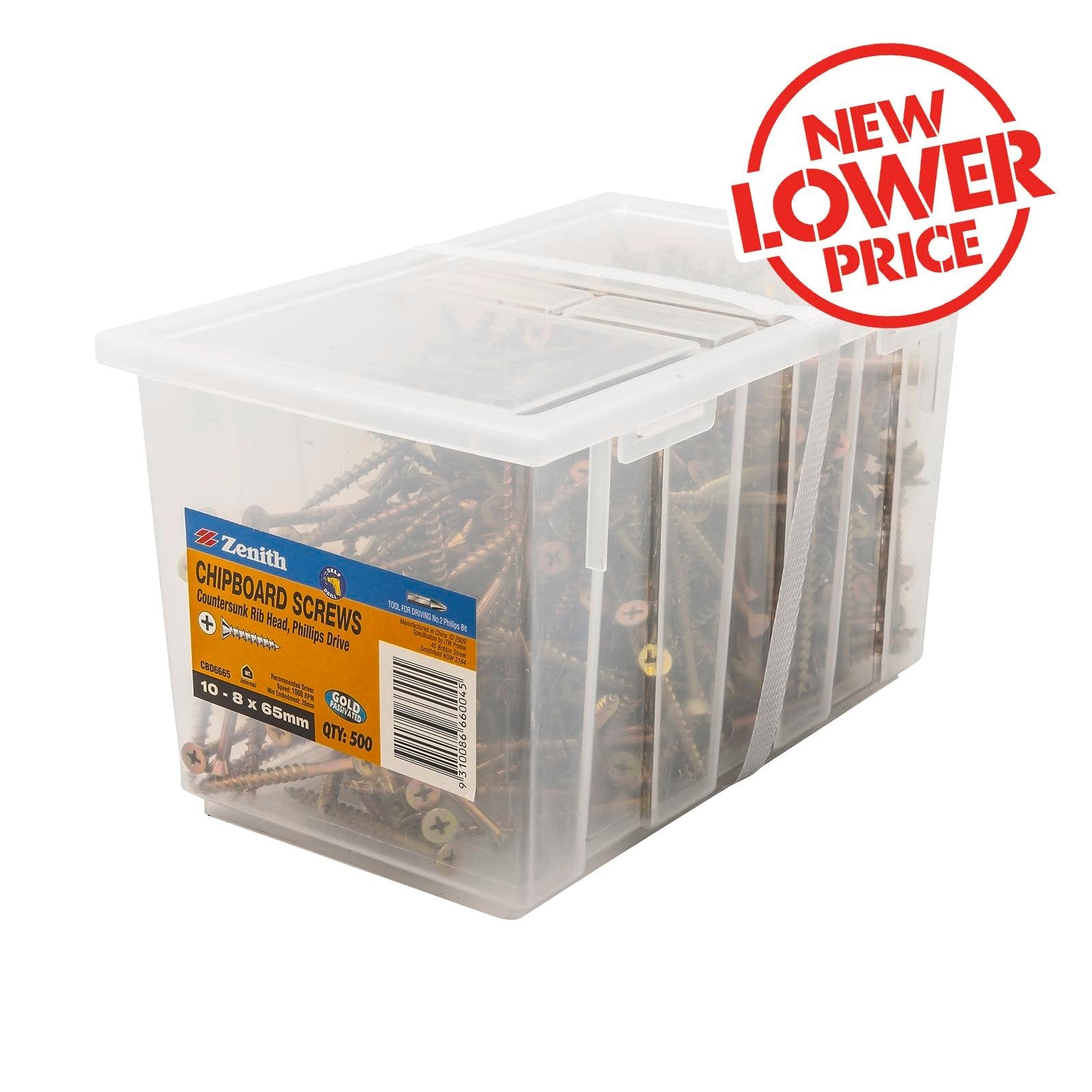 Zenith 10-8 x 65mm Gold Passivated Countersunk Rib Head Chipboard Screws - 500 Pack