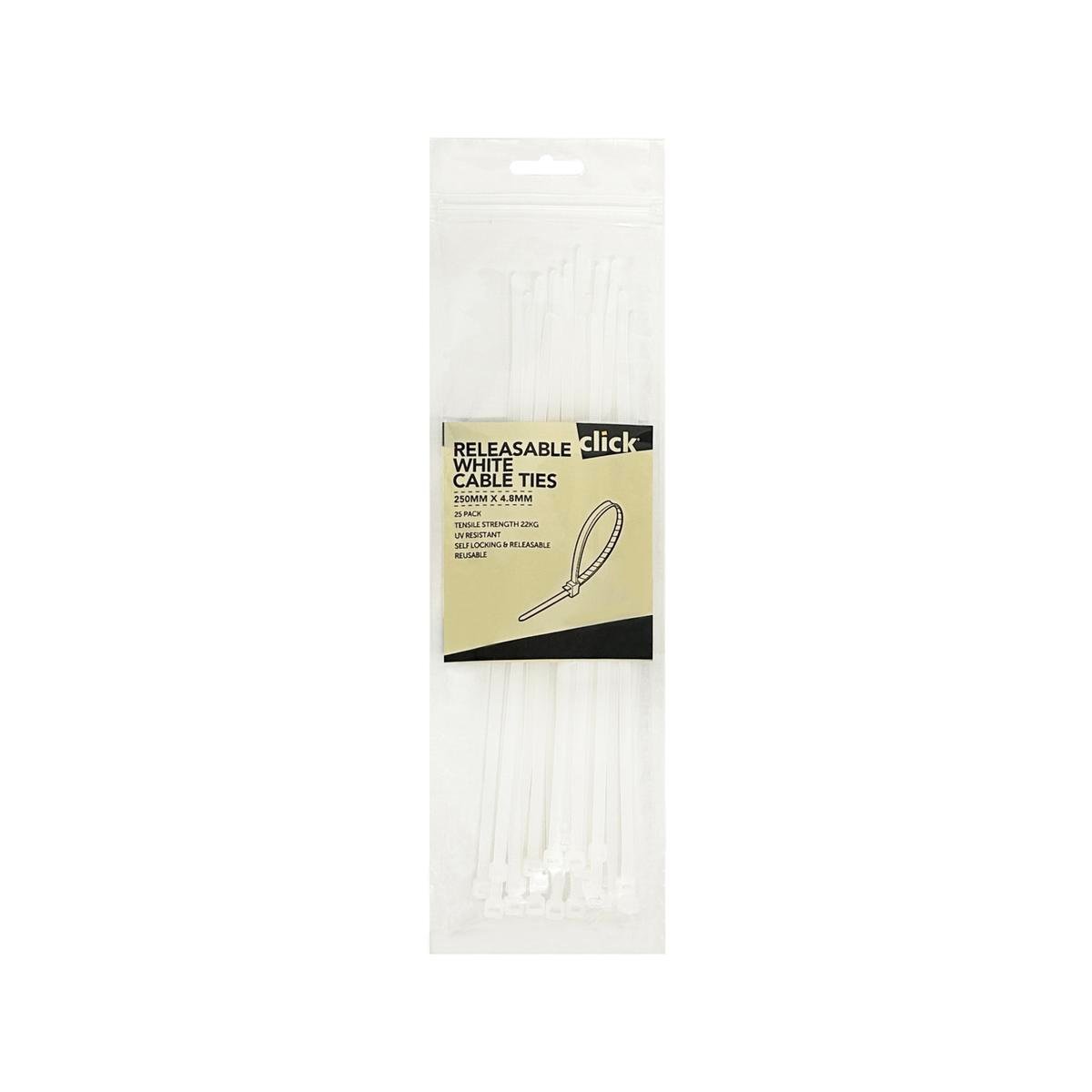 Click 250mm White Releasable Cable Tie 25 Pack - UV Resistant Nylon - SuperSaverAU - view 1