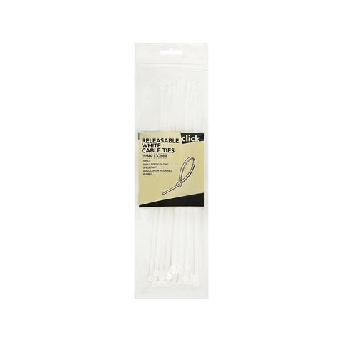 Click 250mm White Releasable Cable Tie 25 Pack - UV Resistant Nylon - SuperSaverAU - view 1