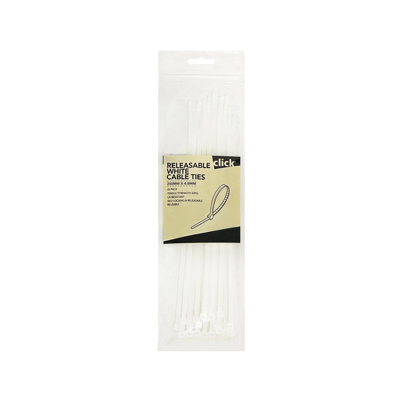 Click 250mm White Releasable Cable Tie 25 Pack - UV Resistant Nylon Reusable