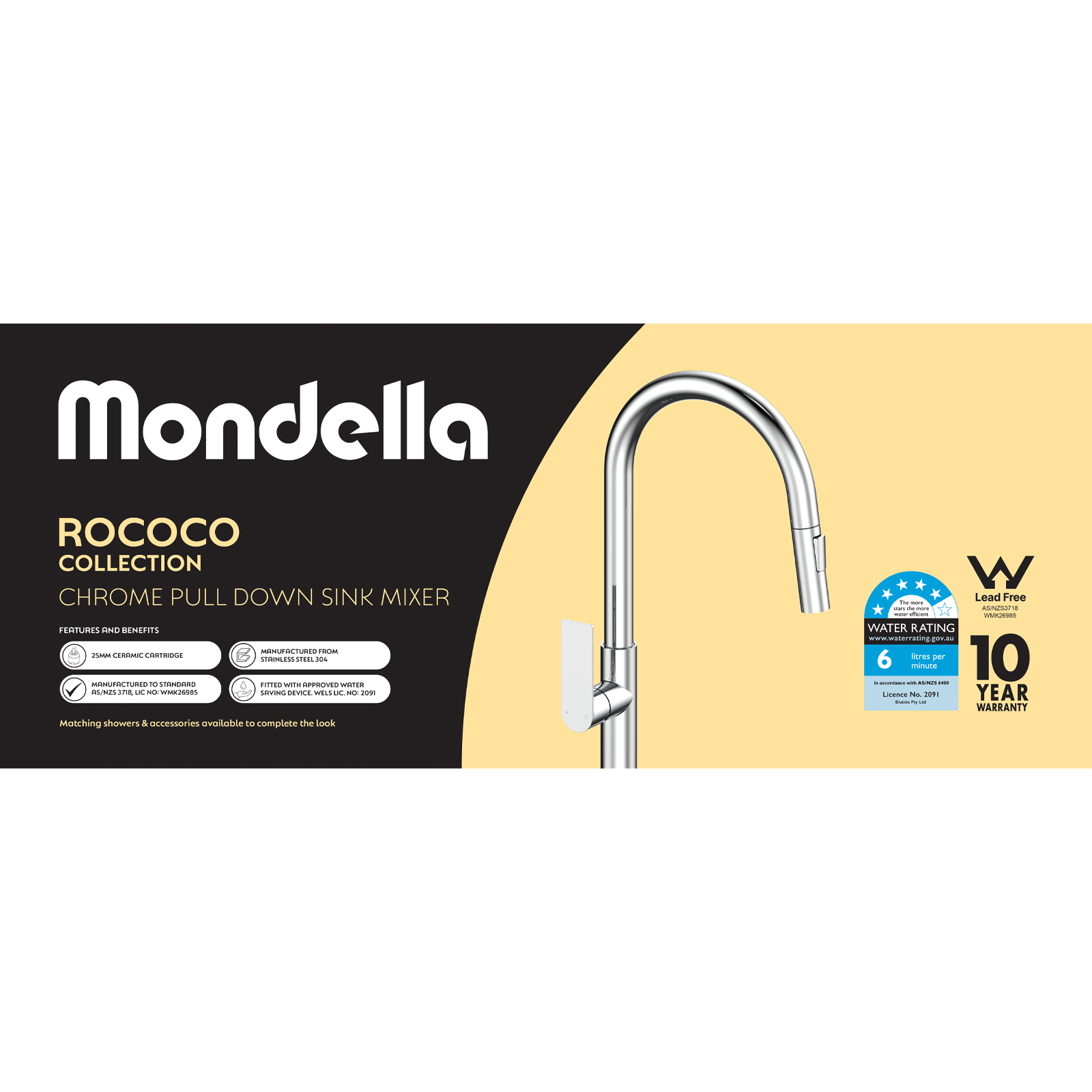 Mondella Rococo Chrome Pull Down Sink Mixer 5 Star WELS 6L/min