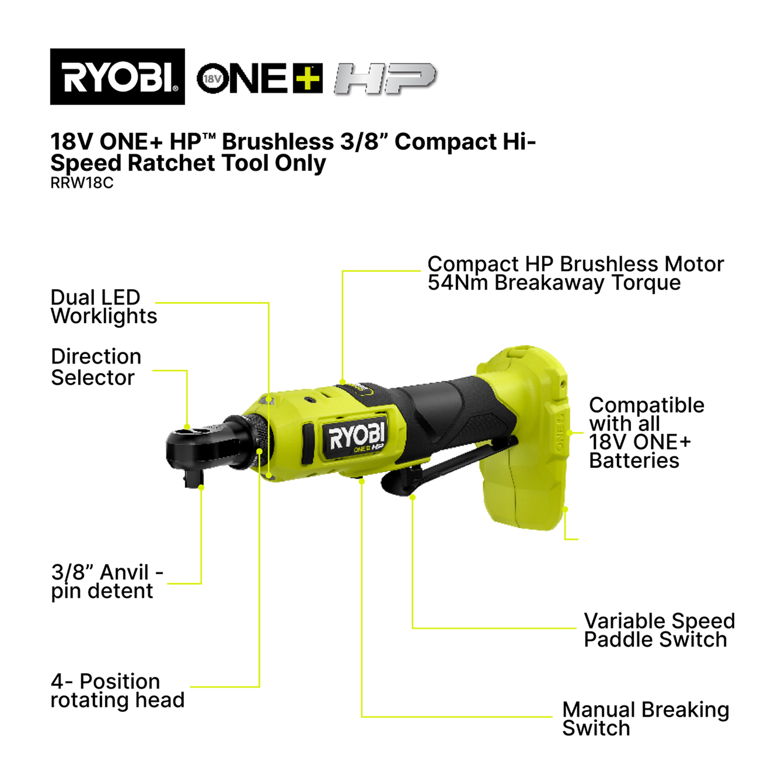 Ryobi 18V ONE+ HP Brushless 3/8" Compact High-Speed Ratchet - Skin RRW18C