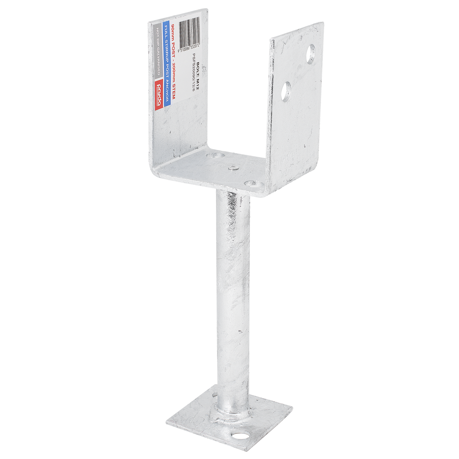 Pryda 200 x 90mm M10 Full Stirrup Post Anchor, Galvanised Steel