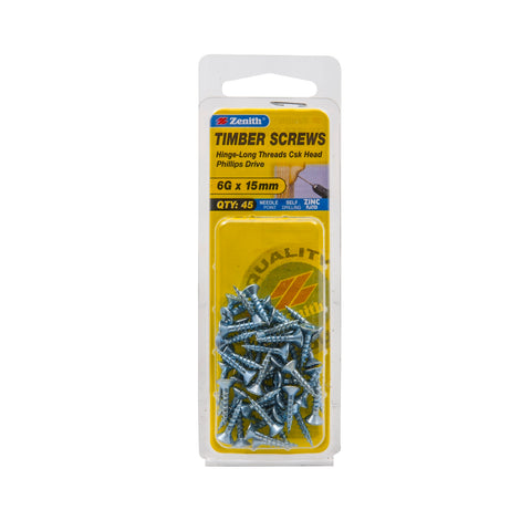 Zenith 6G x 15mm Zinc Plated Countersunk Hinge-Long Thread Timber Screws - 45 Pack