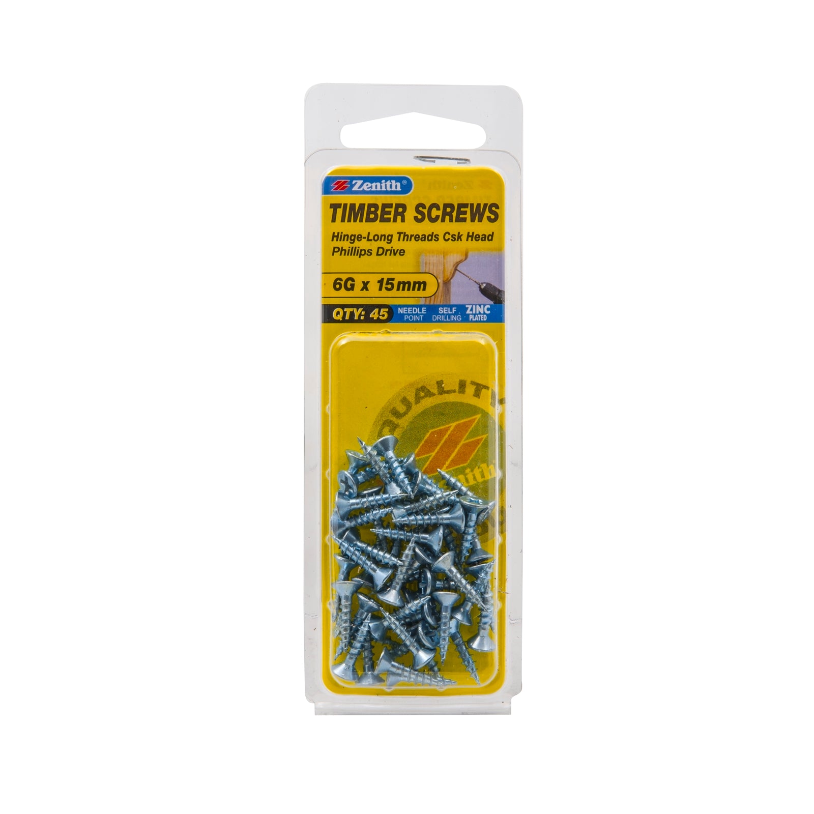 Zenith 6G x 15mm Zinc Plated Countersunk Hinge-Long Thread Timber Screws - 45 Pack