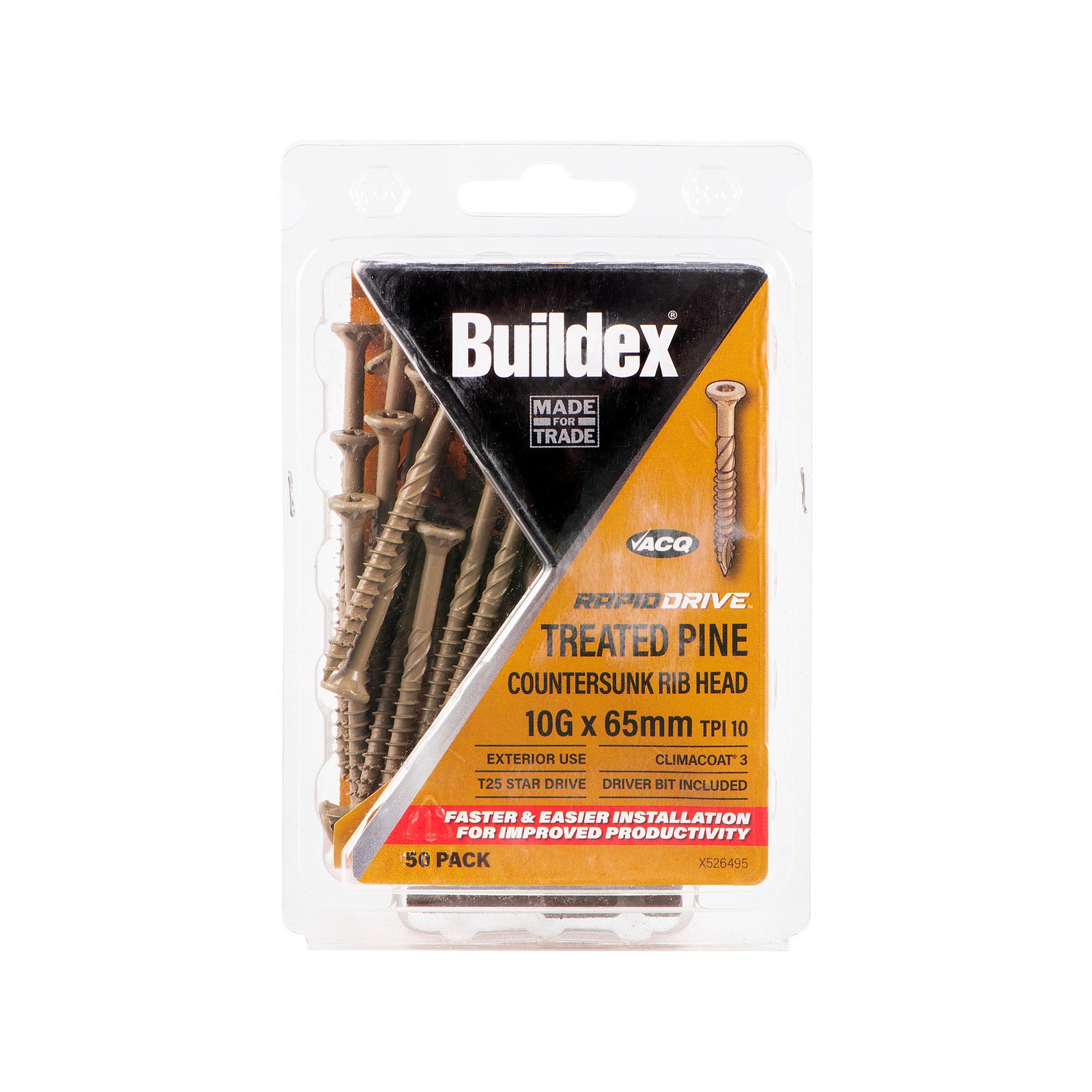 Buildex 10g x 65mm RapidDrive Treated Pine Climacoat Screws - Box of 50