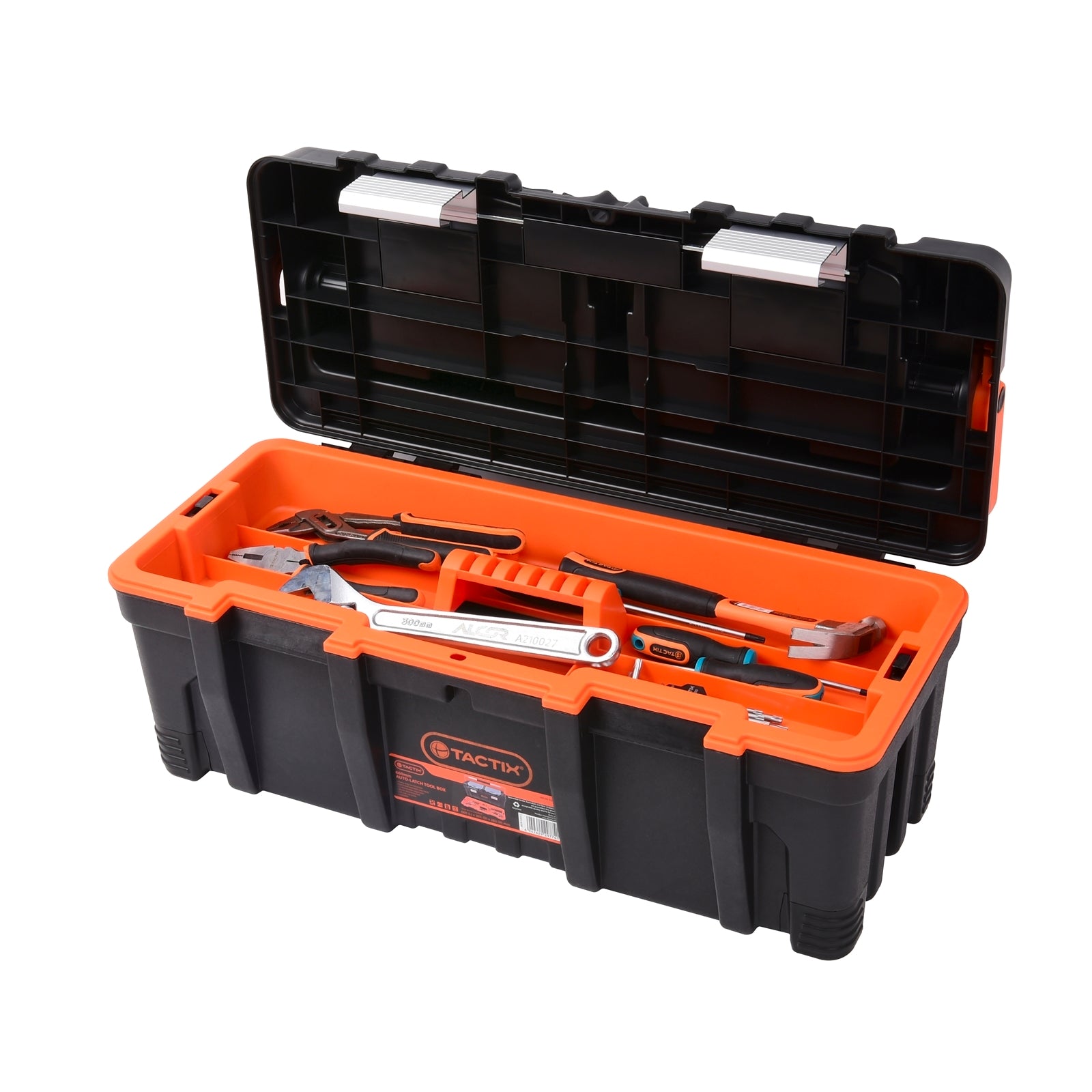 Tactix 660mm Heavy Duty Auto-Latch Tool Box, Polypropylene, with 2 Removable Organisers