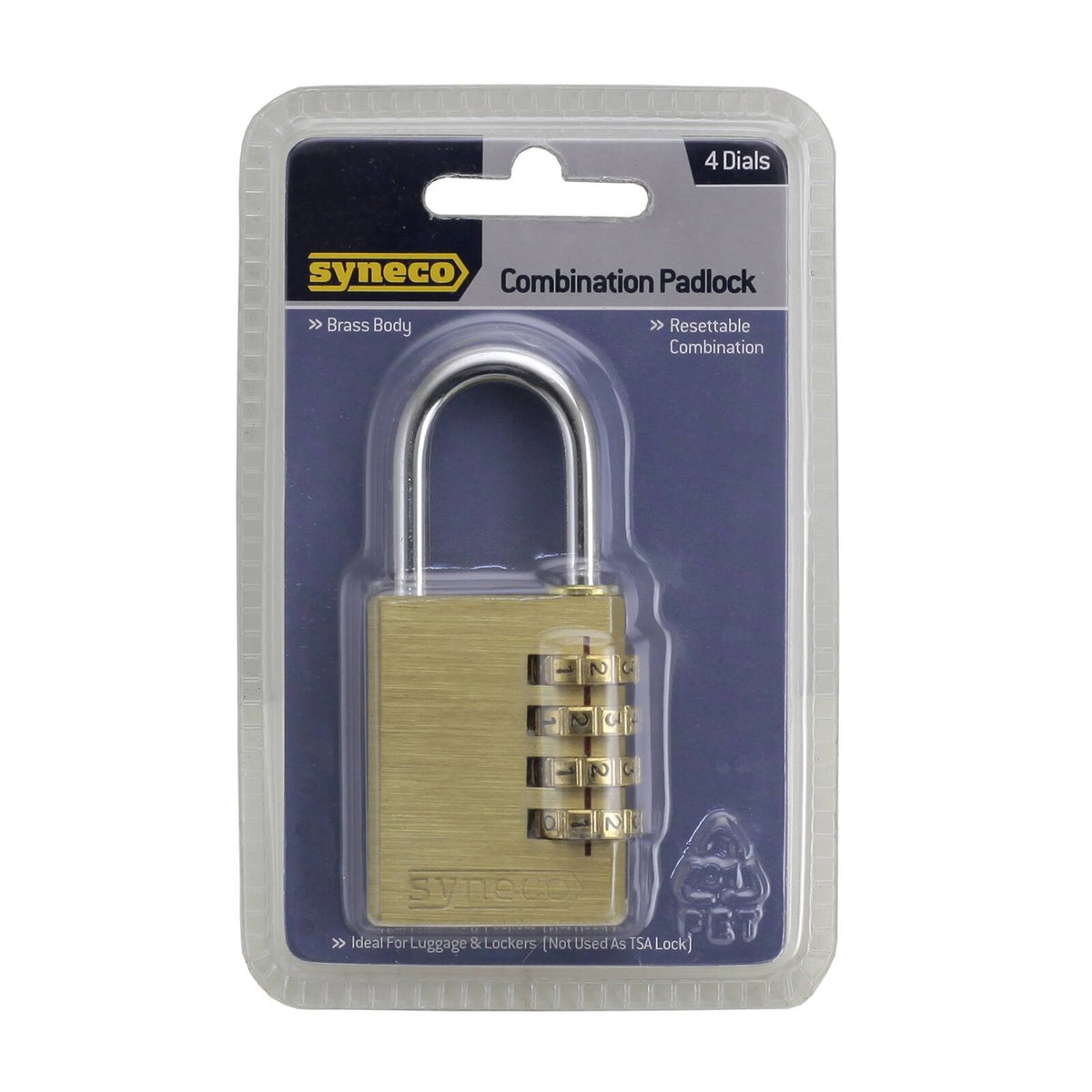 Syneco 4 Dial Brass Combination Padlock Resettable