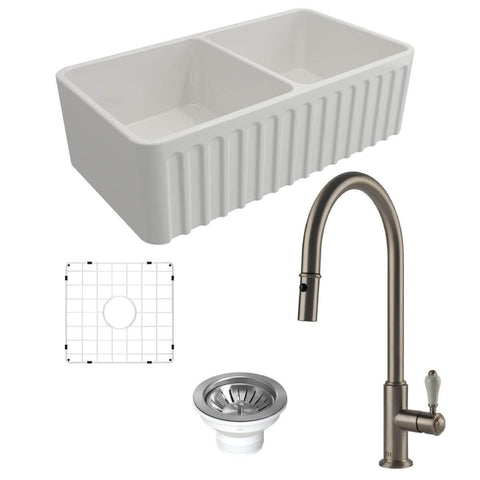 Turner Hastings Novi 85 Double Bowl Butler Sink Pack - Brushed Nickel Ludlow Pull Out Mixer Tap - PKG017
