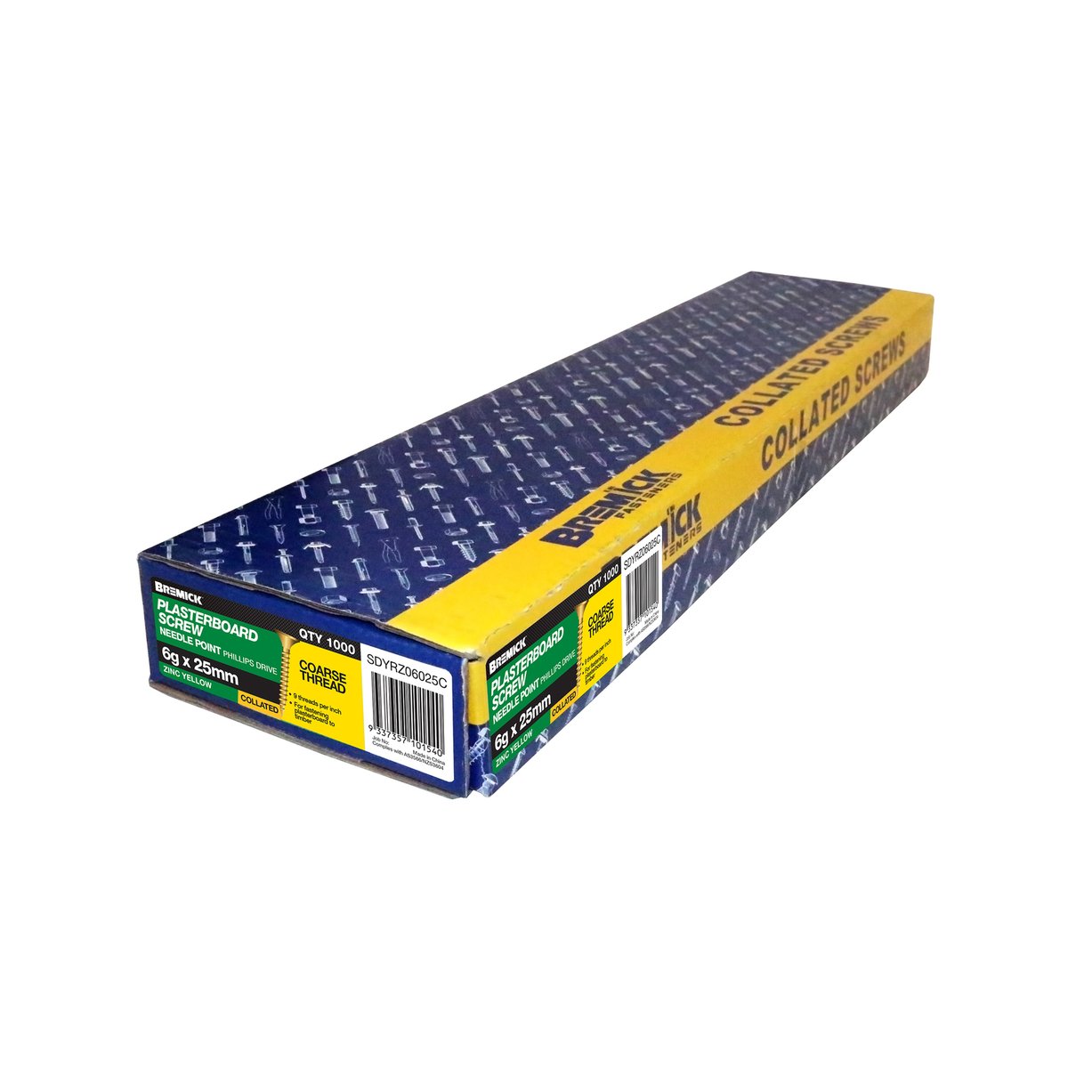 Bremick 6g x 25mm Zinc Yellow Coarse Collated Screws - 1000 Pack