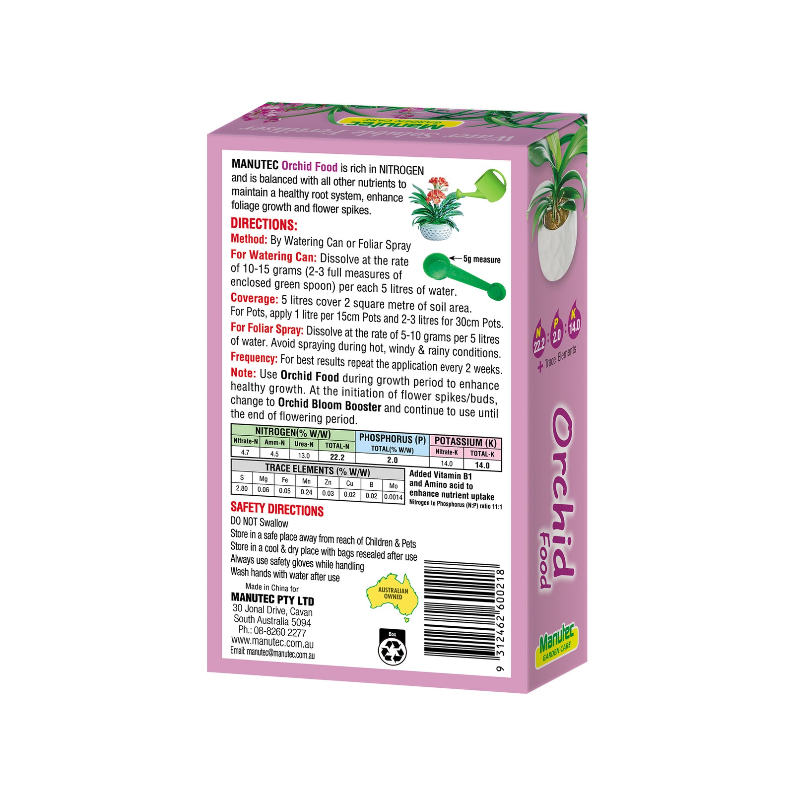 Manutec 600g Orchid Food, Water Soluble Crystalline Powder NPK 22-3.7-14