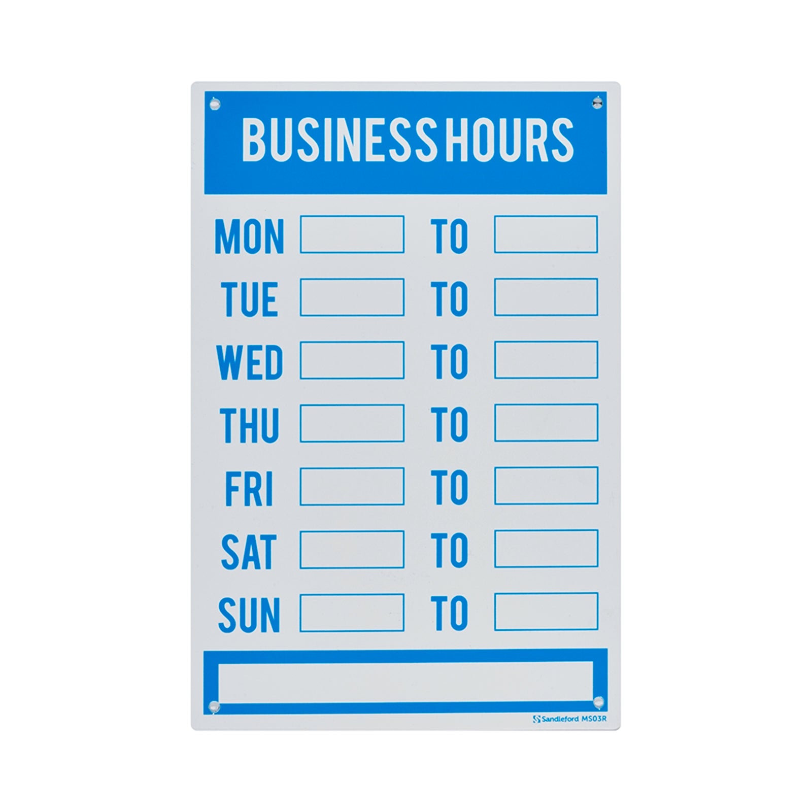 Sandleford Business Hours Sign 300 x 200mm White/Blue Weather Resistant