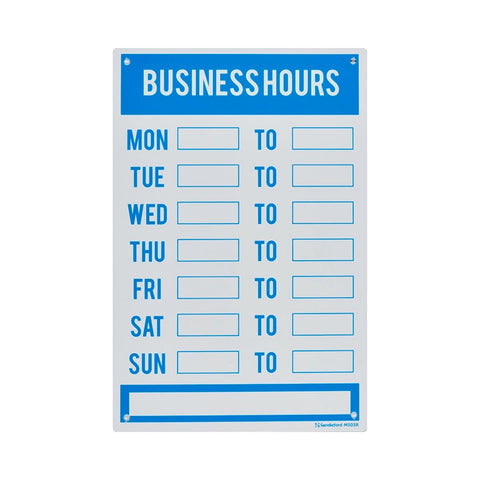 Sandleford Business Hours Sign 300 x 200mm White/Blue Weather Resistant
